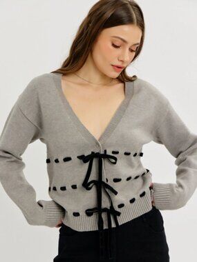 Gray Black Velvet Bow V Neck Button Front Cardigan Sweater NWT #D119